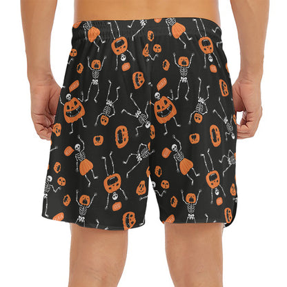 Halloween Skeleton And Pumpkin Print Men's Split Running Shorts