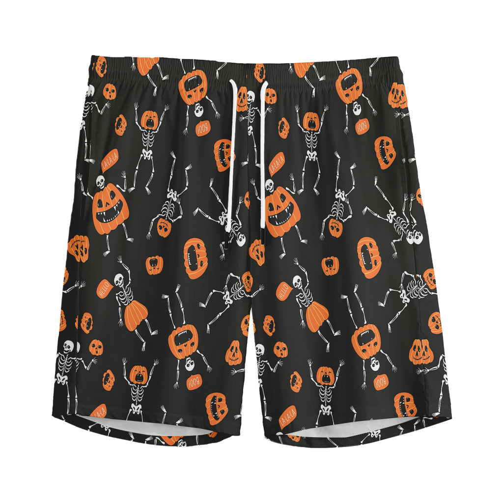 Halloween Skeleton And Pumpkin Print Men's Sports Shorts