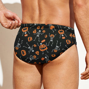 Halloween Skeleton And Pumpkin Print Men's Swim Briefs