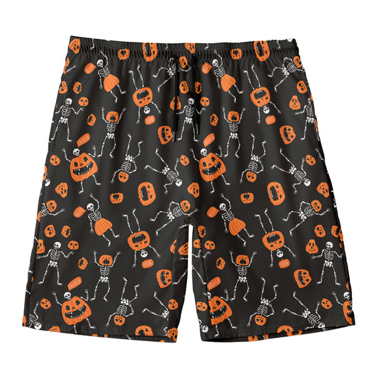 Halloween Skeleton And Pumpkin Print Men's Swim Trunks