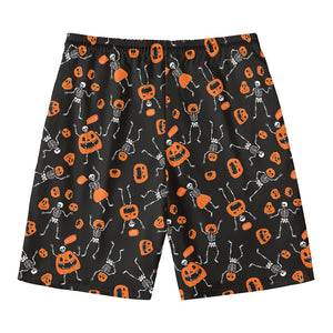 Halloween Skeleton And Pumpkin Print Men's Swim Trunks