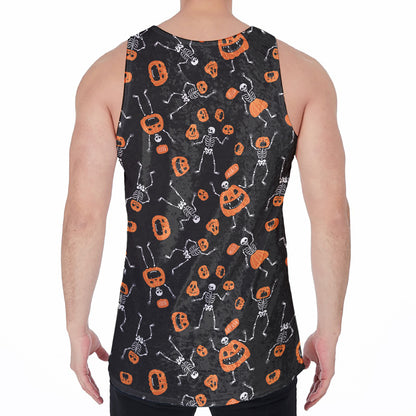 Halloween Skeleton And Pumpkin Print Men's Velvet Tank Top