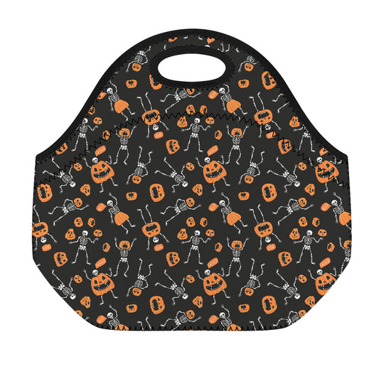 Halloween Skeleton And Pumpkin Print Neoprene Lunch Bag