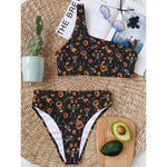 Halloween Skeleton And Pumpkin Print One Shoulder Bikini Top