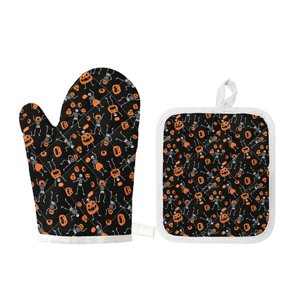 Halloween Skeleton And Pumpkin Print Oven Mitt And Pot Holder Set