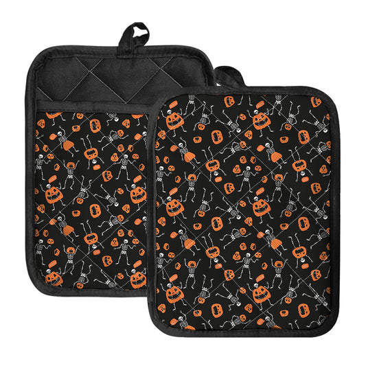 Halloween Skeleton And Pumpkin Print Pot Holders With Pocket