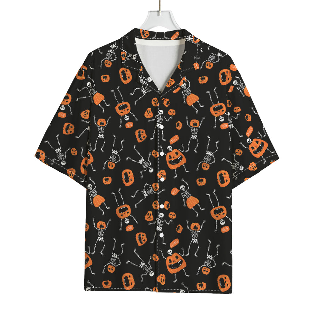 Halloween Skeleton And Pumpkin Print Rayon Hawaiian Shirt