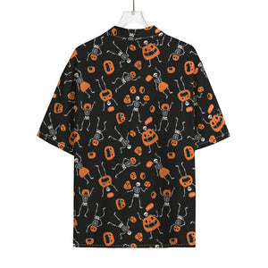 Halloween Skeleton And Pumpkin Print Rayon Hawaiian Shirt