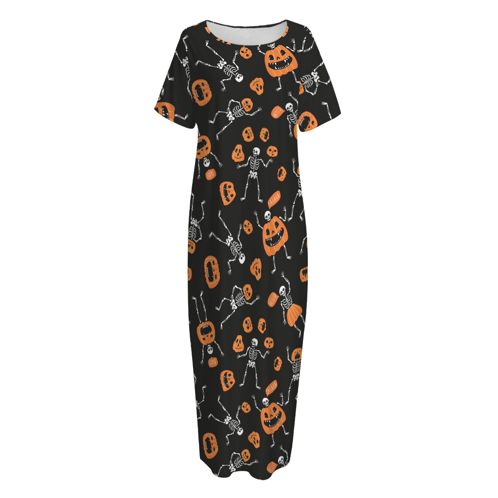 Halloween Skeleton And Pumpkin Print Short Sleeve Long Nightdress