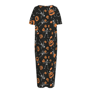 Halloween Skeleton And Pumpkin Print Short Sleeve Long Nightdress