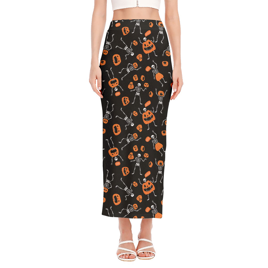 Halloween Skeleton And Pumpkin Print Side Slit Maxi Skirt