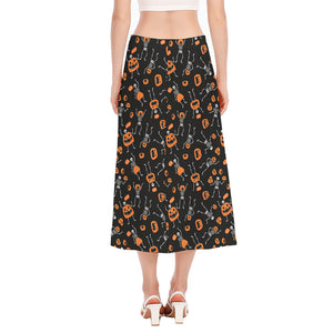 Halloween Skeleton And Pumpkin Print Side Slit Midi Skirt