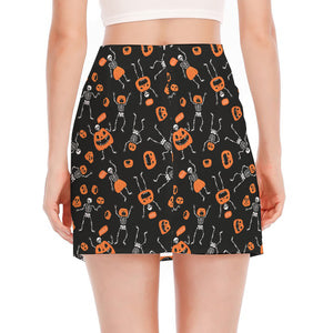 Halloween Skeleton And Pumpkin Print Side Slit Mini Skirt