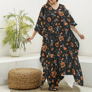 Halloween Skeleton And Pumpkin Print Silk V-Neck Kaftan Dress