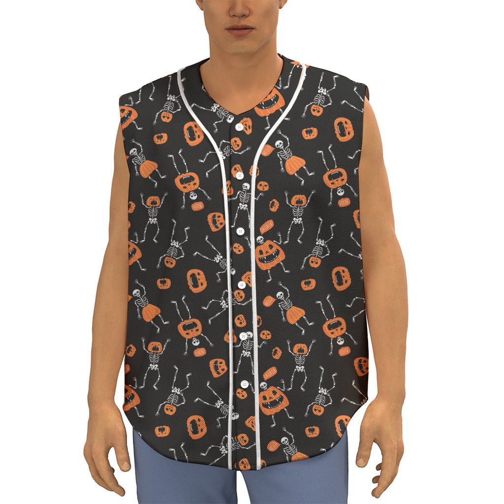 Halloween Skeleton And Pumpkin Print Sleeveless Baseball Jersey