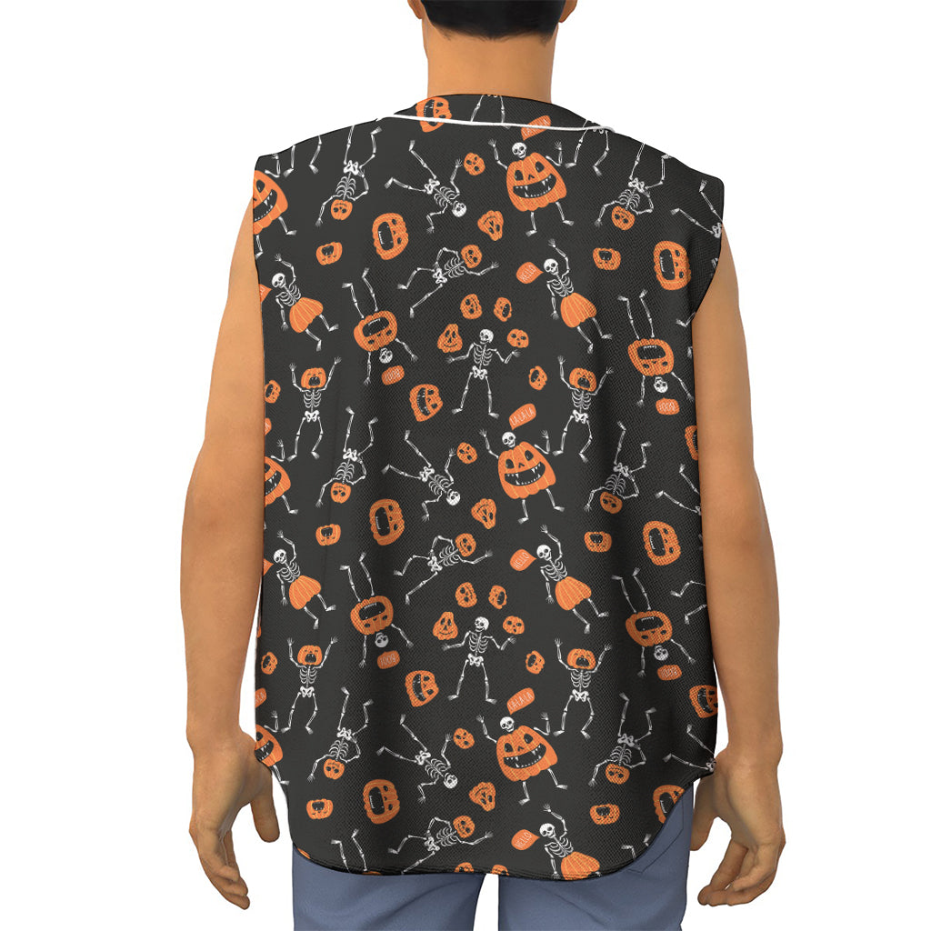 Halloween Skeleton And Pumpkin Print Sleeveless Baseball Jersey