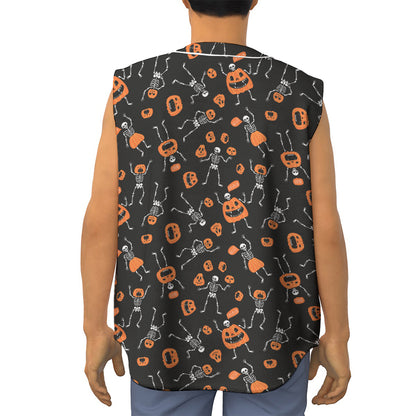 Halloween Skeleton And Pumpkin Print Sleeveless Baseball Jersey