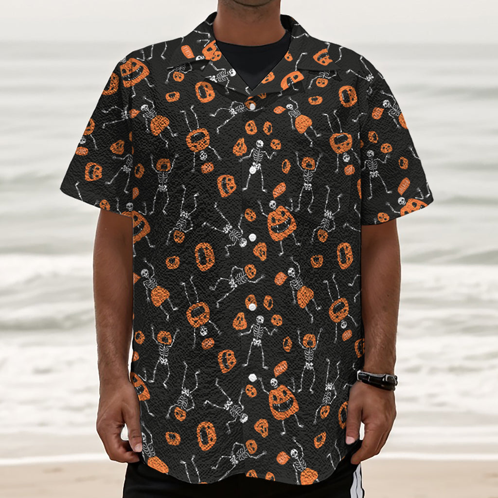 Halloween Skeleton And Pumpkin Print Textured Short Sleeve Shirt