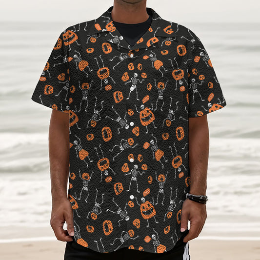 Halloween Skeleton And Pumpkin Print Textured Short Sleeve Shirt
