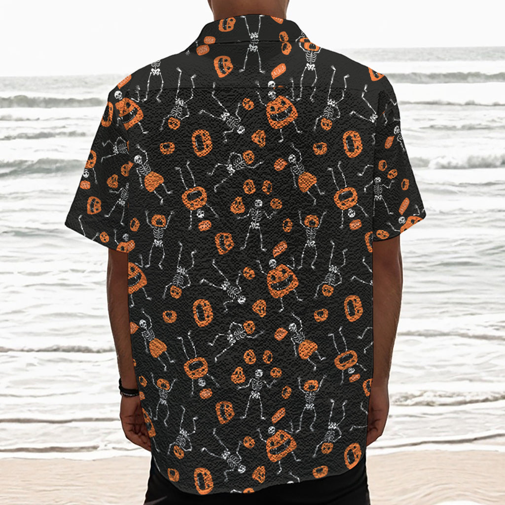 Halloween Skeleton And Pumpkin Print Textured Short Sleeve Shirt