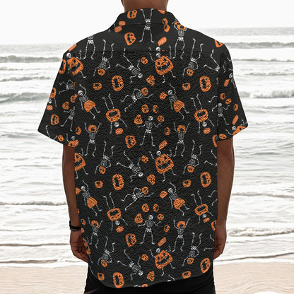 Halloween Skeleton And Pumpkin Print Textured Short Sleeve Shirt