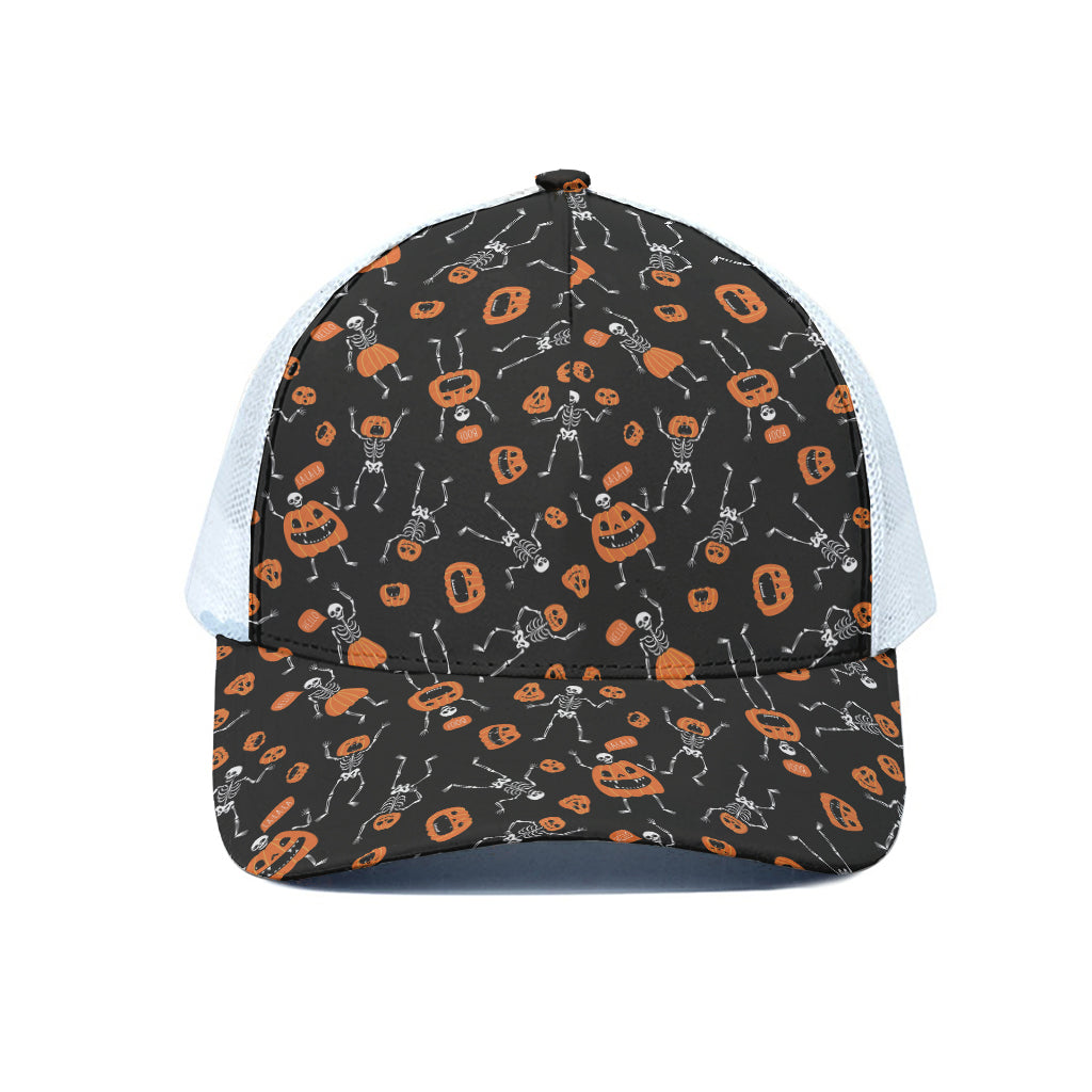 Halloween Skeleton And Pumpkin Print White Mesh Trucker Cap