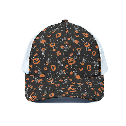 Halloween Skeleton And Pumpkin Print White Mesh Trucker Cap