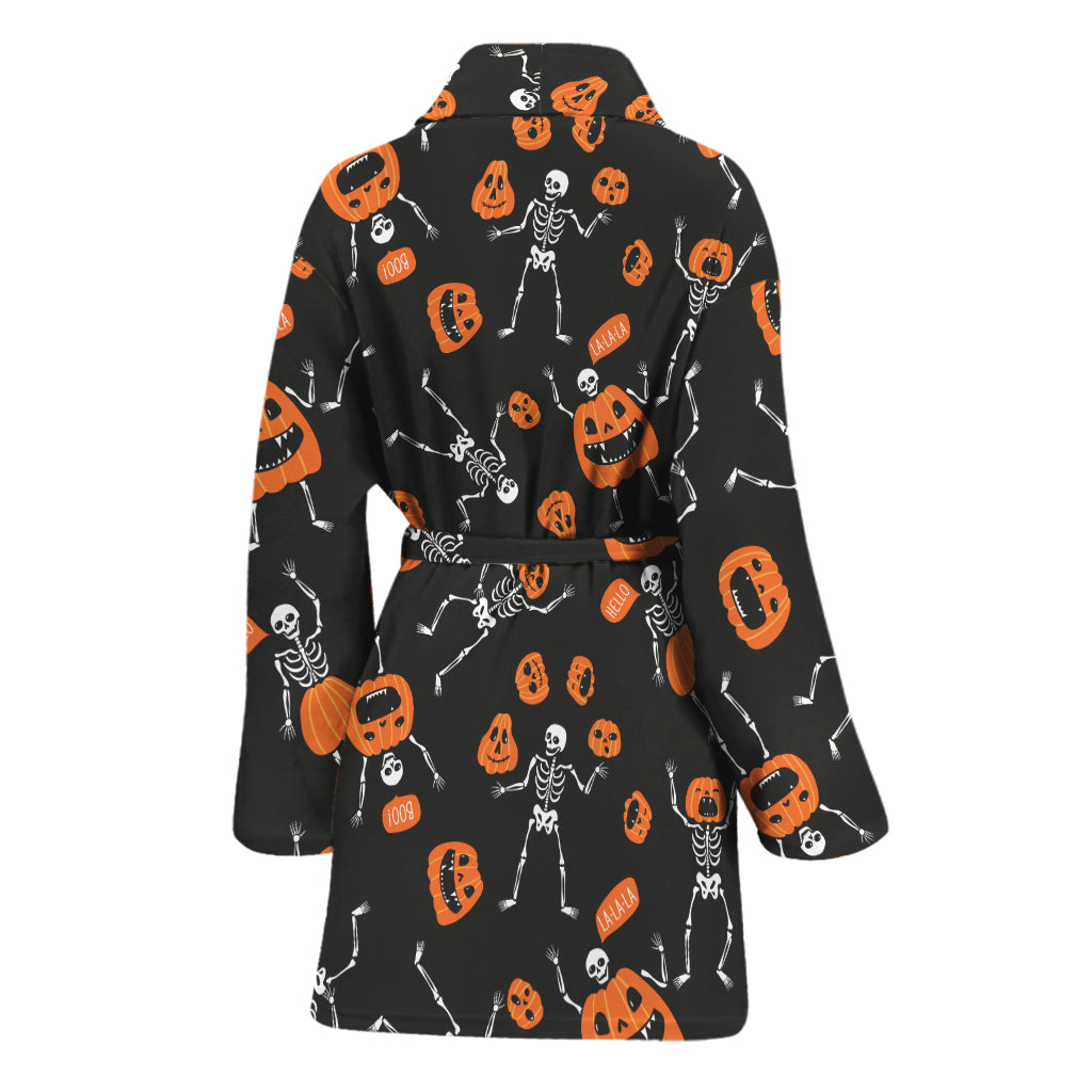 Halloween Skeleton And Pumpkin Print Women's Bathrobe