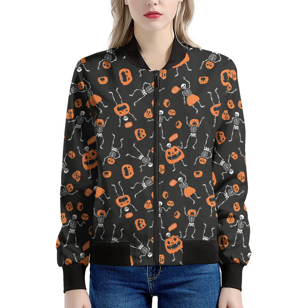 Halloween Skeleton And Pumpkin Print Women's Bomber Jacket