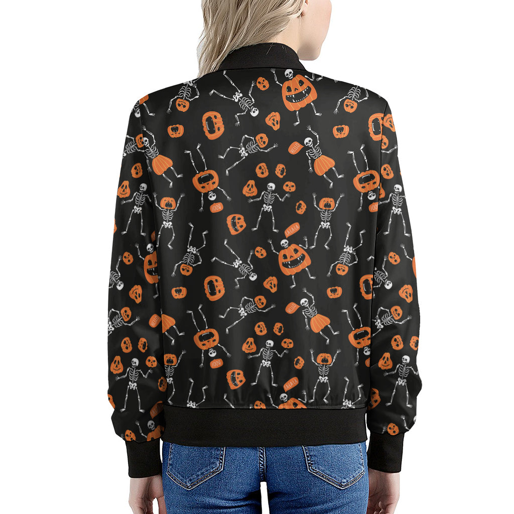 Halloween Skeleton And Pumpkin Print Women's Bomber Jacket