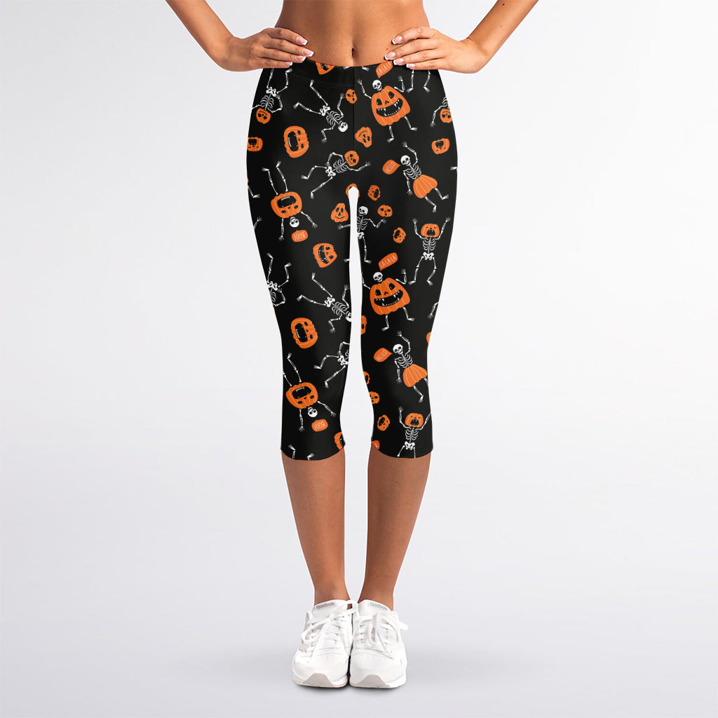 Halloween Skeleton And Pumpkin Print Women's Capri Leggings