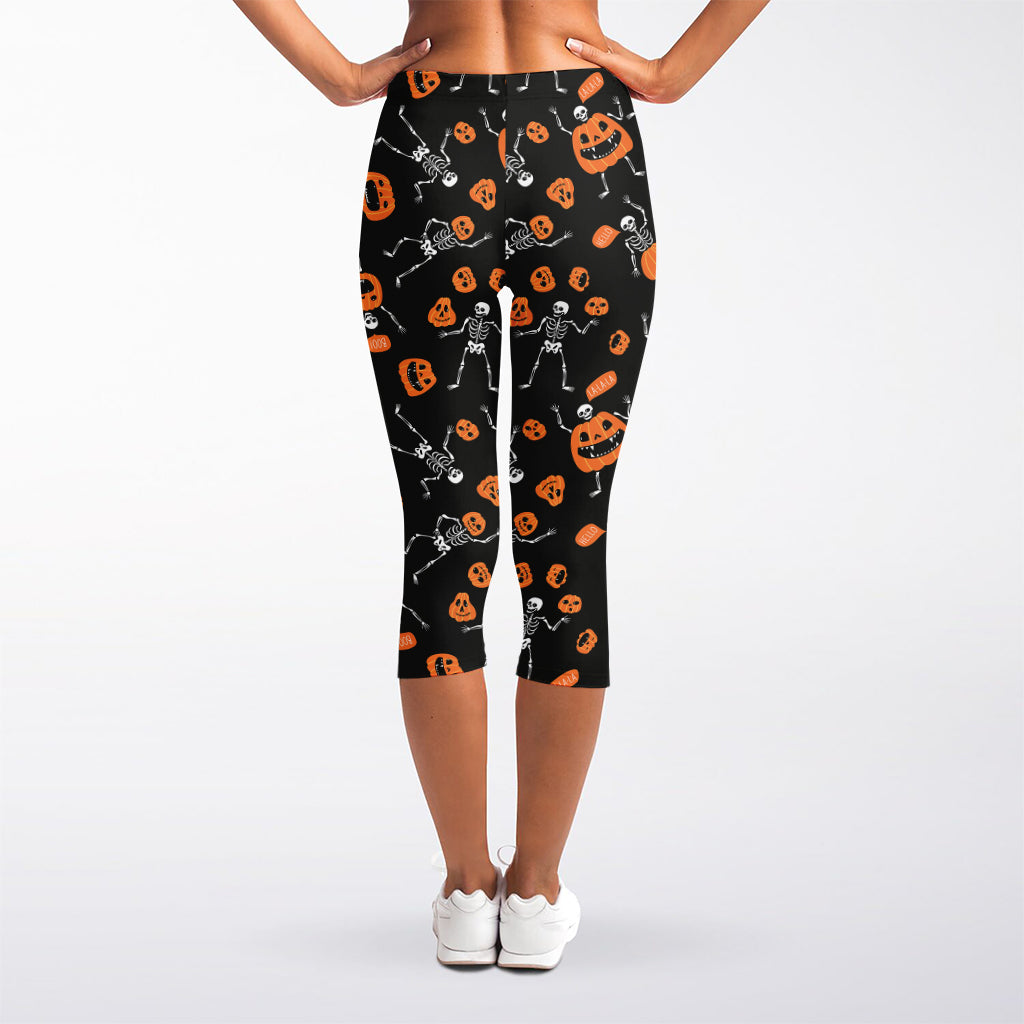 Halloween Skeleton And Pumpkin Print Women's Capri Leggings
