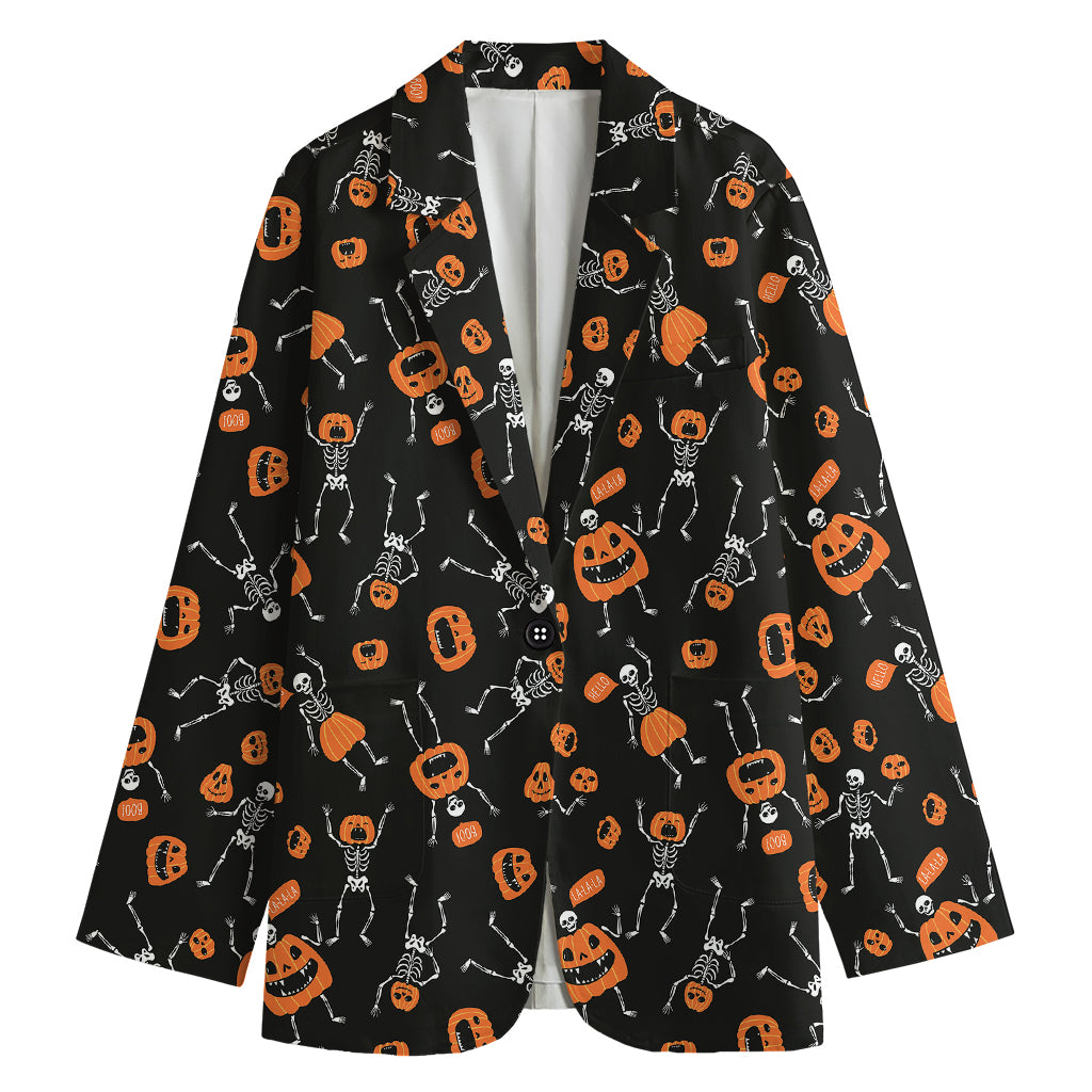 Halloween Skeleton And Pumpkin Print Women's Cotton Blazer