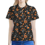 Halloween Skeleton And Pumpkin Print Women's Polo Shirt