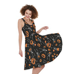 Halloween Skeleton And Pumpkin Print Women's Sleeveless Dress