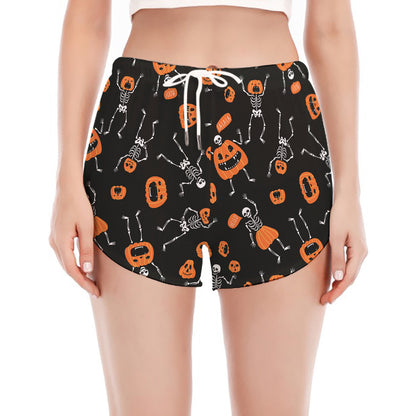 Halloween Skeleton And Pumpkin Print Women's Split Running Shorts
