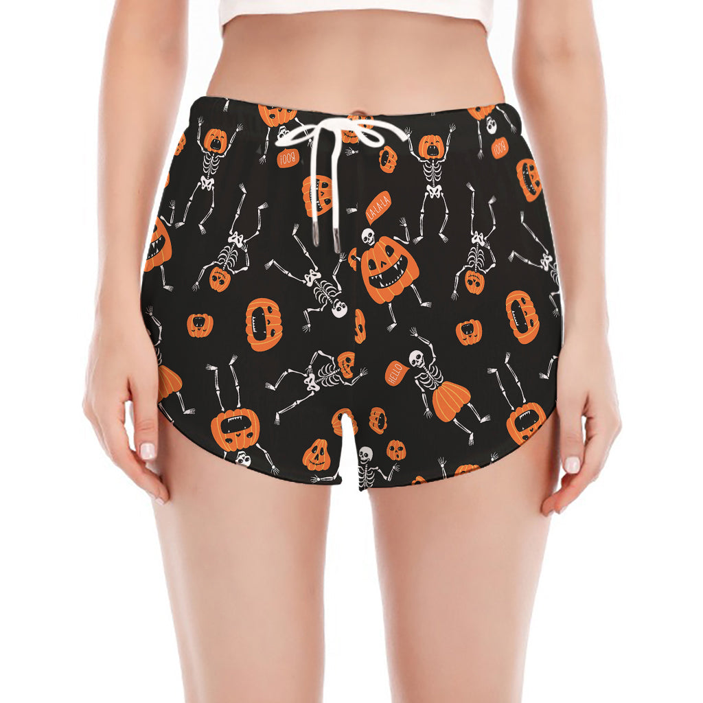 Halloween Skeleton And Pumpkin Print Women's Split Running Shorts