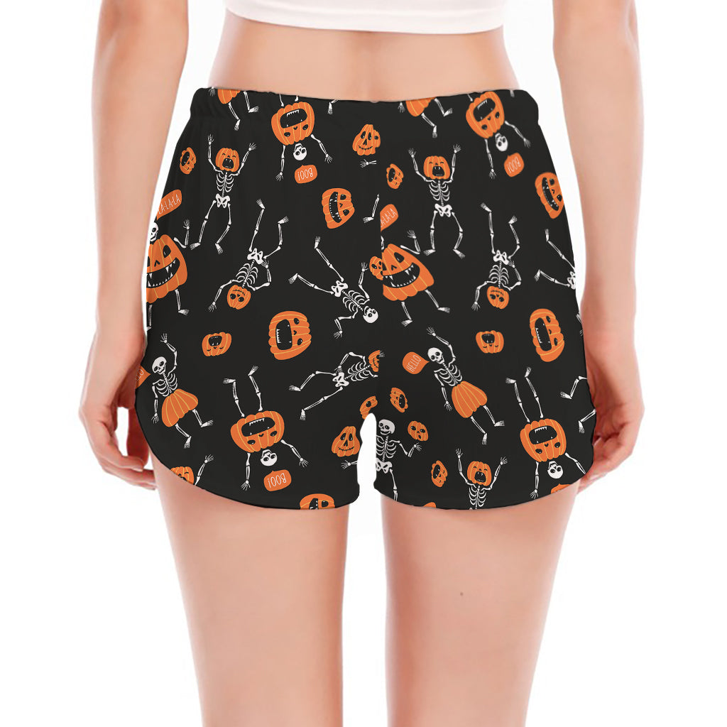 Halloween Skeleton And Pumpkin Print Women's Split Running Shorts