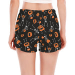 Halloween Skeleton And Pumpkin Print Women's Split Running Shorts