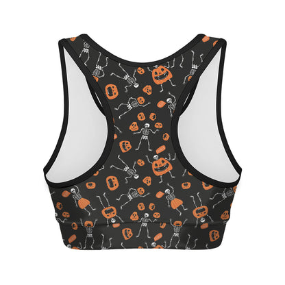 Halloween Skeleton And Pumpkin Print Women's Sports Bra