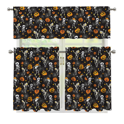Halloween Skeleton Party Pattern Print 3 Piece Kitchen Curtains