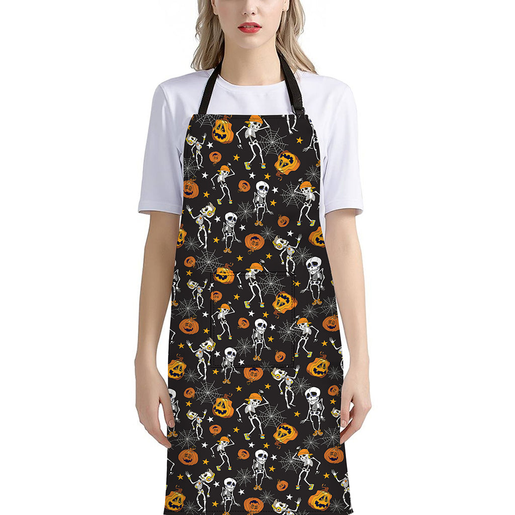Halloween Skeleton Party Pattern Print Bib Apron With Pocket