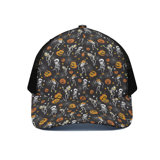 Halloween Skeleton Party Pattern Print Black Mesh Trucker Cap