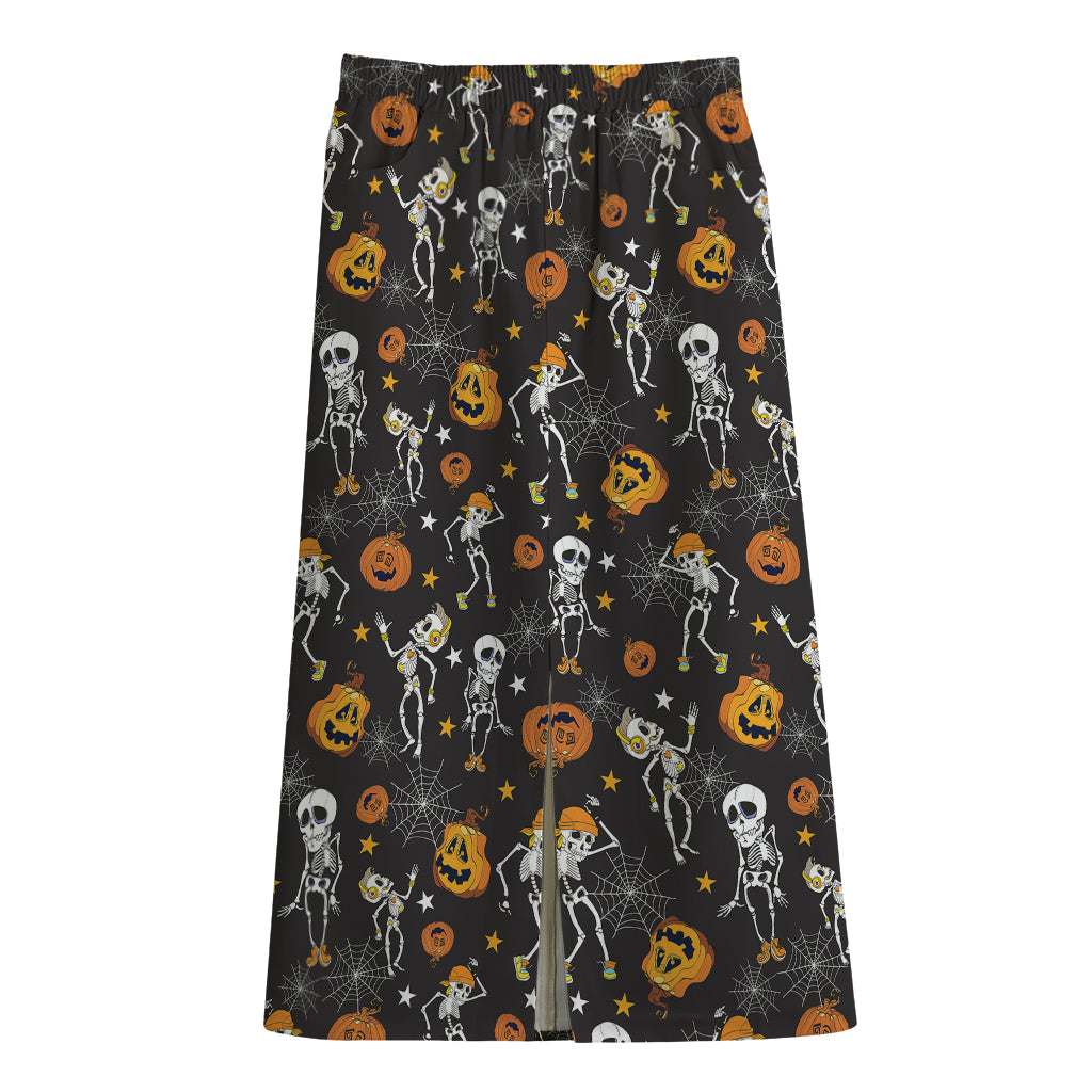 Halloween Skeleton Party Pattern Print Cotton Front Slit Maxi Skirt