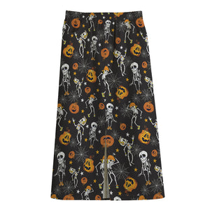 Halloween Skeleton Party Pattern Print Cotton Front Slit Maxi Skirt