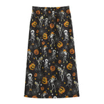 Halloween Skeleton Party Pattern Print Cotton Front Slit Maxi Skirt