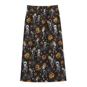 Halloween Skeleton Party Pattern Print Cotton Front Slit Maxi Skirt