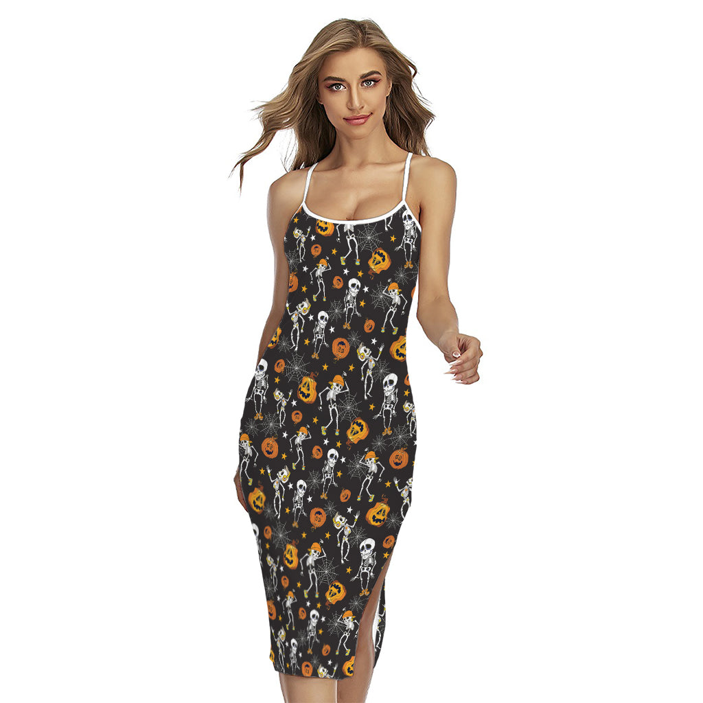 Halloween Skeleton Party Pattern Print Cross Back Cami Dress