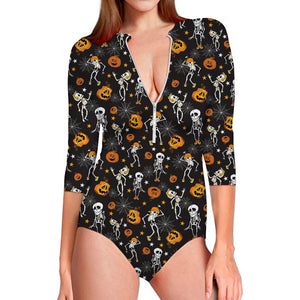 Halloween Skeleton Party Pattern Print Long Sleeve Swimsuit