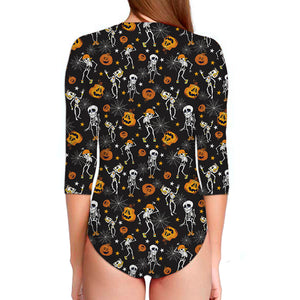 Halloween Skeleton Party Pattern Print Long Sleeve Swimsuit